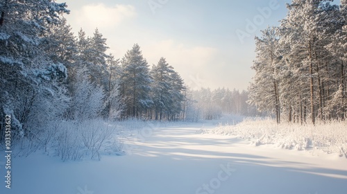 Tranquil winter forest scene showcasing snow-covered pines and glimmering icicles beneath a clear blue sky, evoking the serenity and beauty of a cold winter day in nature