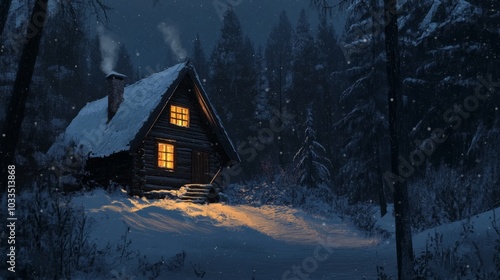 Beautiful snowy cabin nestled in the winter mountains of montana under a starry night sky, surrounded by serene snow-covered pines and peaceful alpine landscape