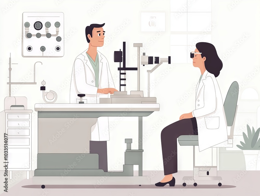 2408 22.A detailed scene of an ophthalmologist examining the vision of a middle-aged patient. The doctor is using professional equipment to check the patients eyesight, while the patient sits calmly 2408 22.A detailed scene of an ophthalmologist examining the vision of a middle-aged patient. The doctor is using professional equipment to check the patients eyesight, while the patient sits calmly