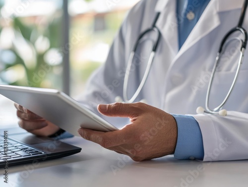 Wallpaper Mural 2408 37.A doctor in a hospital office is seen using a digital tablet, with a laptop open nearby on the desk. The close-up image captures the precision and focus required in reviewing medical records, Torontodigital.ca