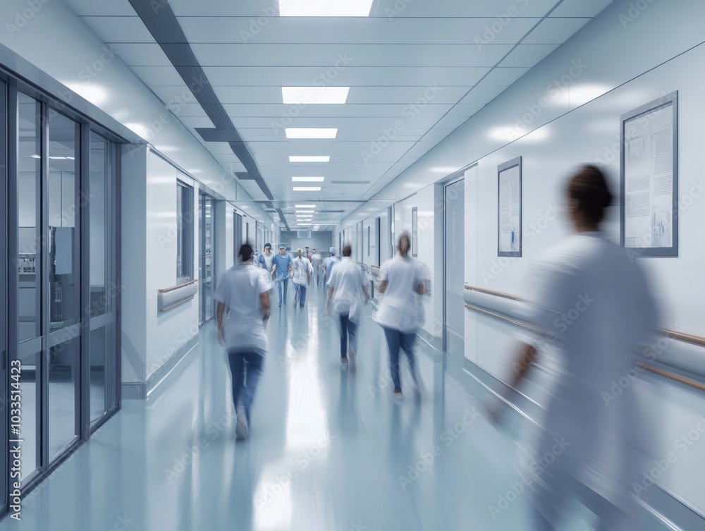 2408 133.A dynamic image of a hospital corridor, where doctors and nurses are seen in blurred motion as they walk quickly through the hallway. The figures are indistinct, but their medical uniforms 2408 133.A dynamic image of a hospital corridor, where doctors and nurses are seen in blurred motion as they walk quickly through the hallway. The figures are indistinct, but their medical uniforms