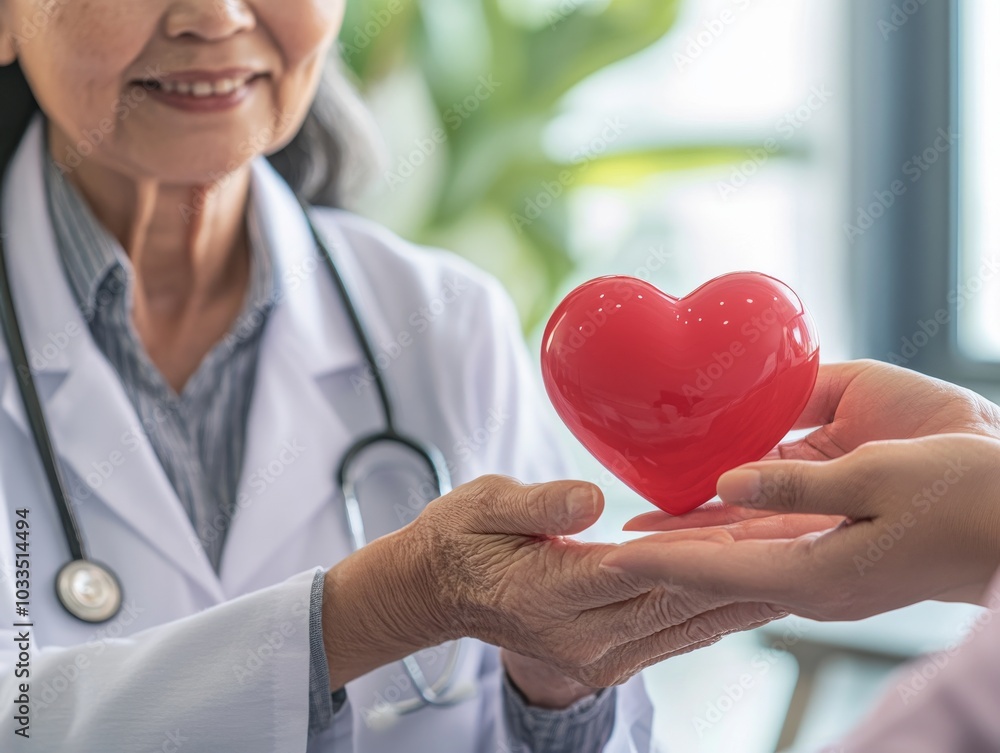2408 103.An elderly woman sits in a clinic with an Asian doctor handing her a red heart symbol. The doctor’s gesture shows care and focus on heart health, with the elderly woman gently holding the 2408 103.An elderly woman sits in a clinic with an Asian doctor handing her a red heart symbol. The doctor’s gesture shows care and focus on heart health, with the elderly woman gently holding the