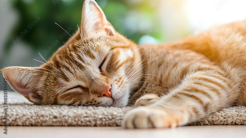 Fototapeta premium Peaceful and Serene Cat Resting Comfortably on Soft Rug Bathed in Warm Sunlight as Part of Relaxing Home Decor