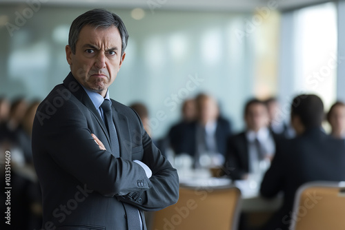 Business Meeting Tension with One Person Standing Up in Anger 