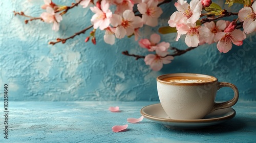 Coffee Cup with Cherry Blossoms in Spring Setting