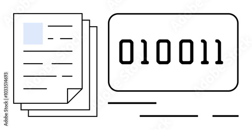 Pile of documents next to a binary code sequence on a display board Ideal for data conversion digitalization coding programming computer science. Simple and minimalist style