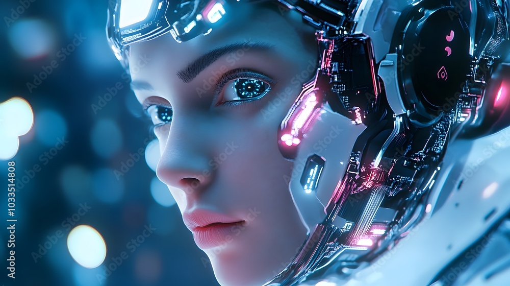 Close-up of a Cyborg's Face with Glowing Blue Eyes Close-up of a Cyborg's Face with Glowing Blue Eyes