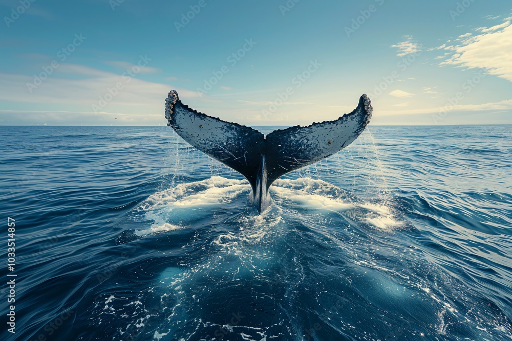 Fototapeta premium A captivating view of a whale's tail rising above the ocean surface, showcasing the beauty of marine life. This image captures the majestic presence of whales in their natural habitat.