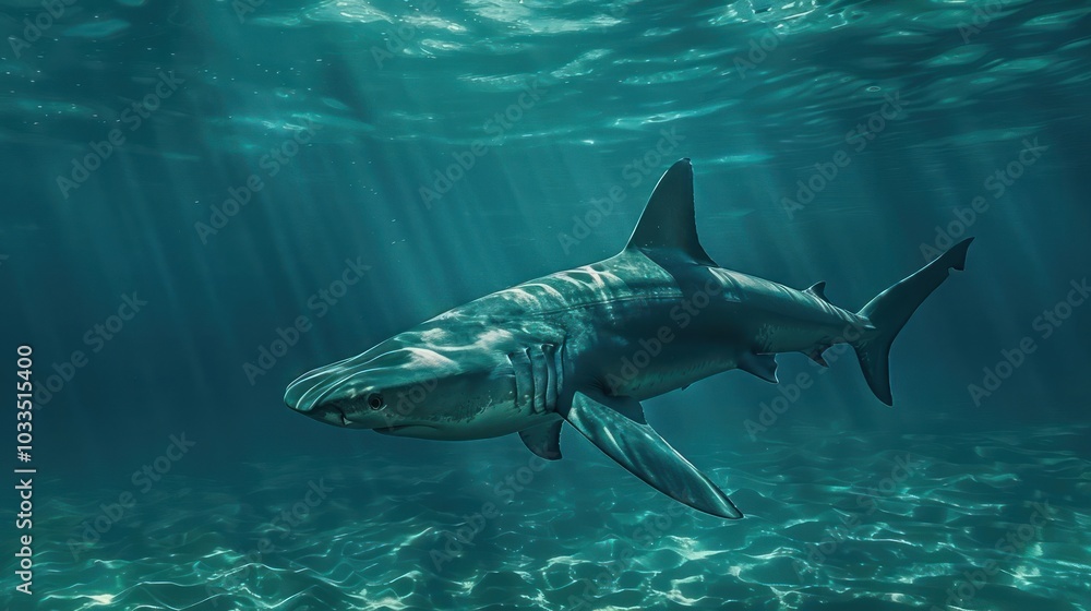 Fototapeta premium A large great white shark swimming close to the ocean floor.