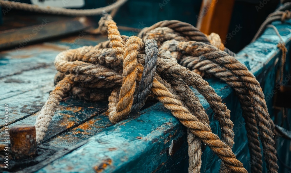 Fototapeta premium Old weathered rope on a wooden boat.