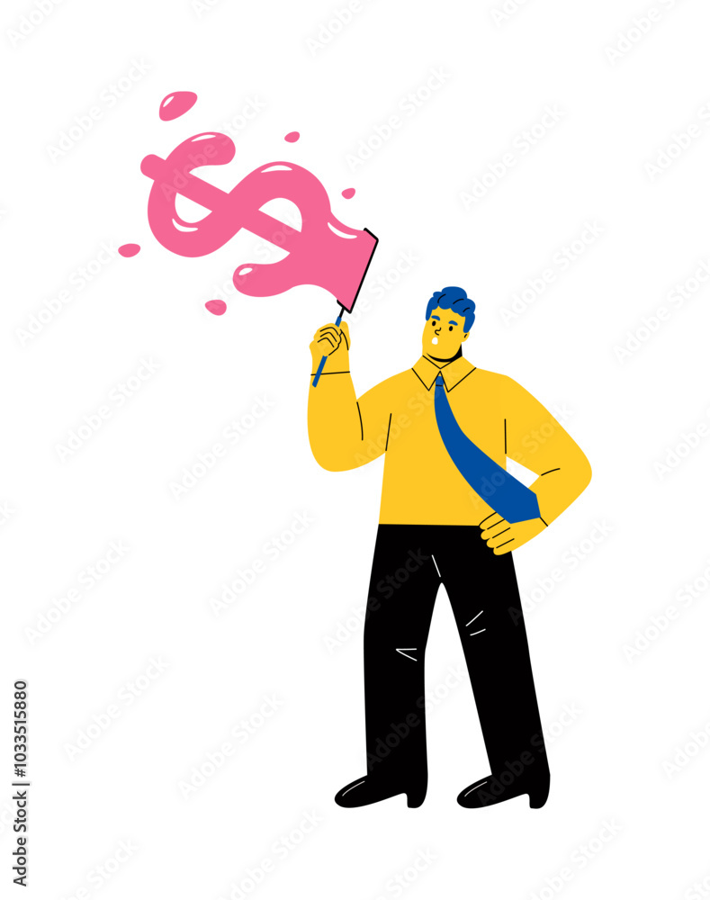 Business man blowing bubbles with dollar sign money into the air. Flat vector illustration isolated on white background Business man blowing bubbles with dollar sign money into the air. Flat vector illustration isolated on white background