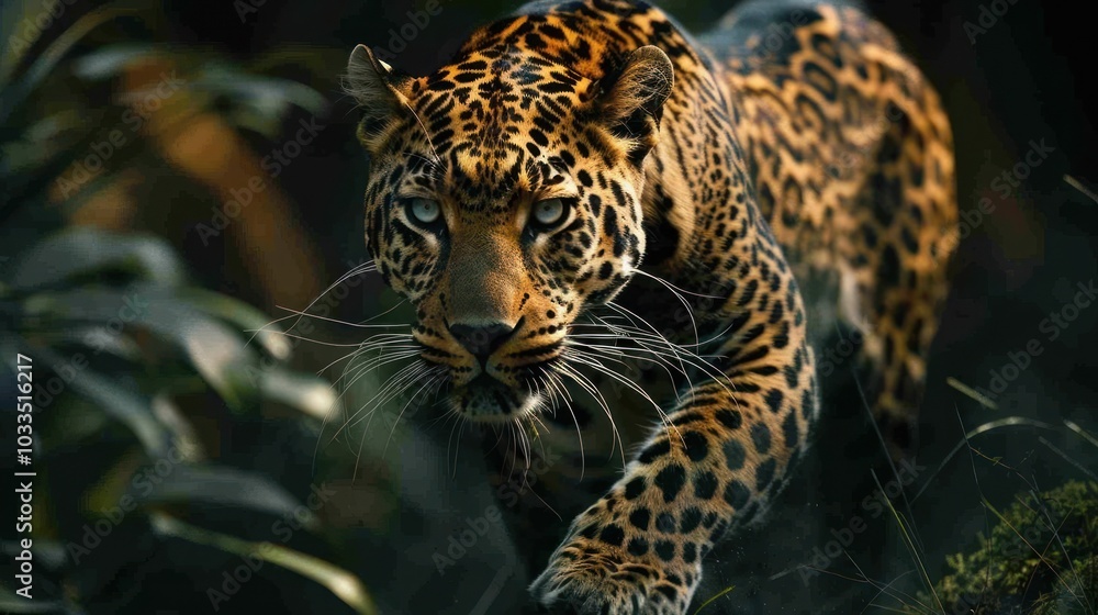 A majestic jaguar, its eyes gleaming with intensity, strides through a dense jungle on the hunt. A majestic jaguar, its eyes gleaming with intensity, strides through a dense jungle on the hunt.