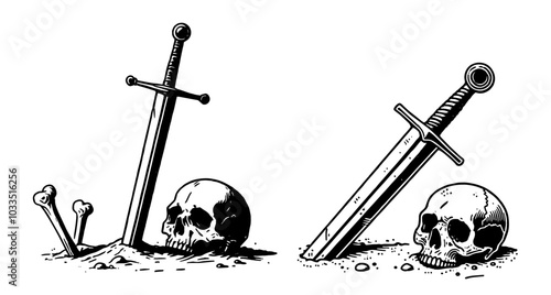 human bones next to a sword stuck in the ground black vector