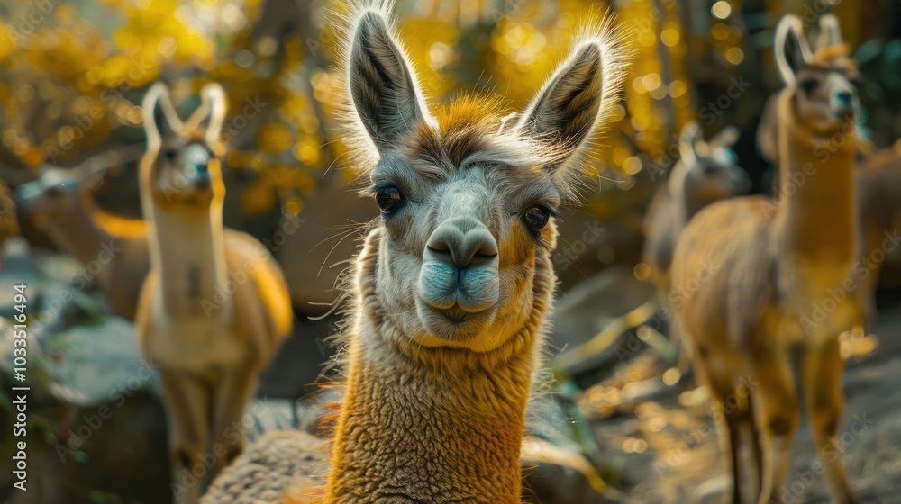 Obraz premium A smiling alpaca looking at the camera in front of wildflowers.