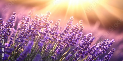 Provence nature backdrop. Lavender field illuminated by sunlight with copy space. Close-up of blooming violet lavender flowers. Summer theme, selective focus.