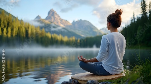 A woman sitting in a peaceful meditation pose by the serene shores of a calm lake with a soft mist hovering over the still water s surface in the tranquil morning light