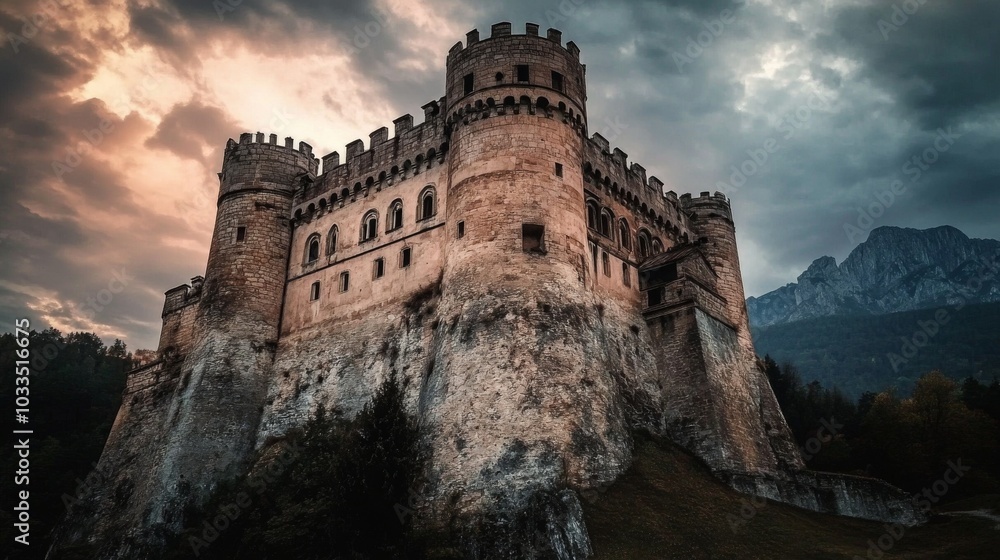 Medieval castle: Ancient castle on mountain, low clouds, and fog. Halloween, fairytale background concept.
Medieval castle: Ancient castle on mountain, low clouds, and fog. Halloween, fairytale background concept.