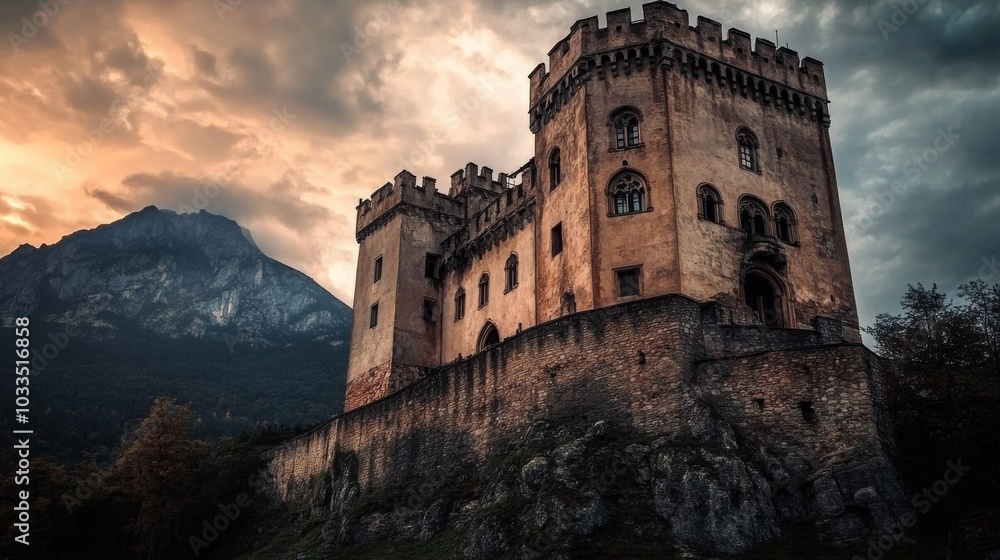 Medieval castle: Ancient castle on mountain, low clouds, and fog. Halloween, fairytale background concept.
Medieval castle: Ancient castle on mountain, low clouds, and fog. Halloween, fairytale background concept.
