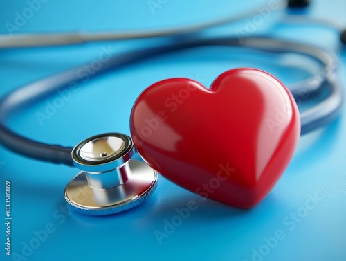 2408 85.A stethoscope gently resting on a bright red heart-shaped exercise ball, both set on a vibrant blue background. The stethoscopeâ€™s tubing elegantly curves around the heart, symbolizing the