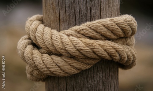 Rope tied around wooden post.