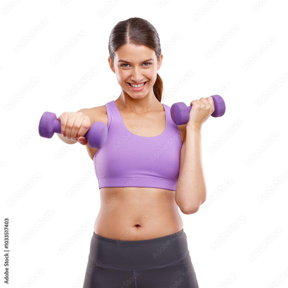 Fitness, portrait and woman with dumbbell in studio for training challenge, exercise and healthy body. Happy, athlete and person with gym equipment for muscle, strength or workout by white background Fitness, portrait and woman with dumbbell in studio for training challenge, exercise and healthy body. Happy, athlete and person with gym equipment for muscle, strength or workout by white background