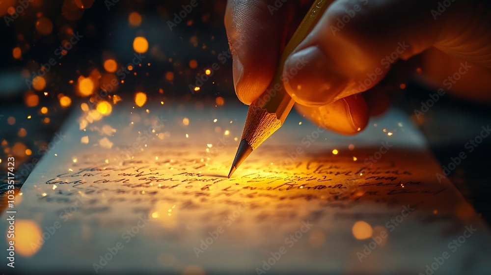 Obraz premium A hand writing on a paper with a pencil, with sparks of light coming from the pencil.