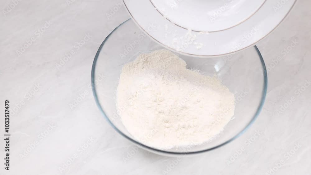 A woman pours a measured amount of flour into a glass container. A woman pours a measured amount of flour into a glass container.