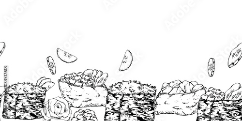 Traditional Japanese food, gunkan inari sushi with raw fish salmon tuna crab, caviar cucumber ginger hand drawn in vector pen and ink. Seamless banner for restaurant, cafe menu, kitchen, recipe book