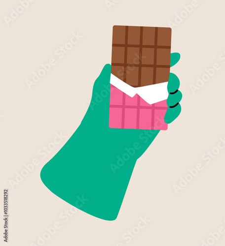 Hand holding chocolate bar. Colorful vector illustration