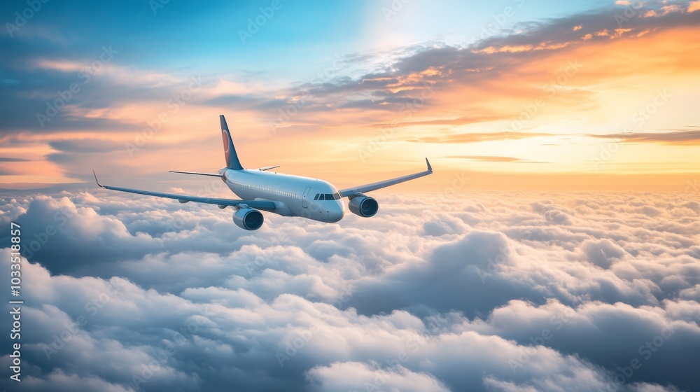 Sleek white airplane soars above fluffy clouds at sunset, symbolizing travel, freedom, and adventure. Perfect for tourism and transportation concepts Sleek white airplane soars above fluffy clouds at sunset, symbolizing travel, freedom, and adventure. Perfect for tourism and transportation concepts