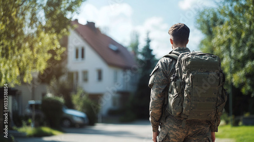 Rear view of military man in uniform standing on street against background of his house photo