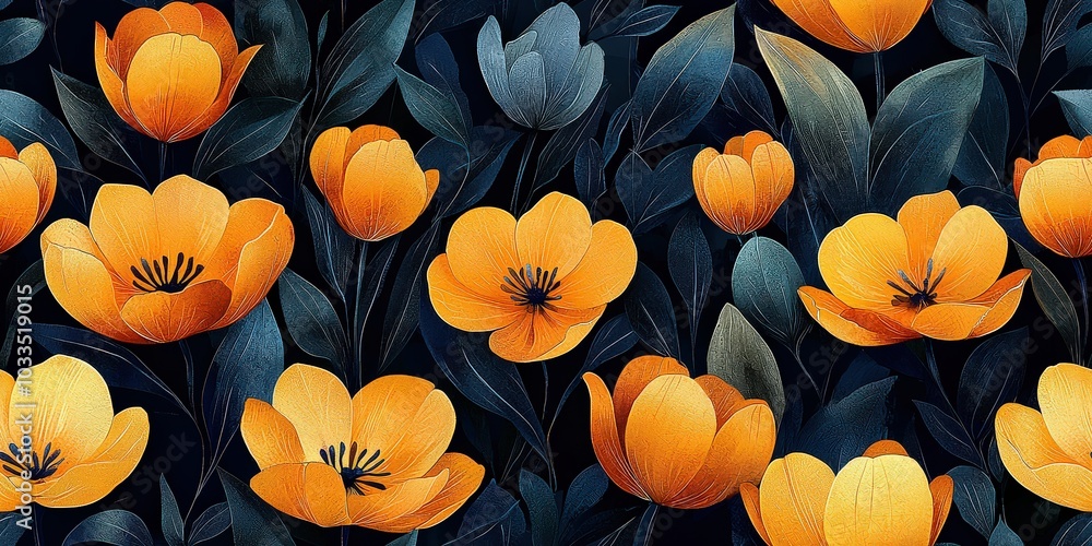 A seamless pattern with a digital print of tulips, their petals forming an intricate floral arrangement A seamless pattern with a digital print of tulips, their petals forming an intricate floral arrangement