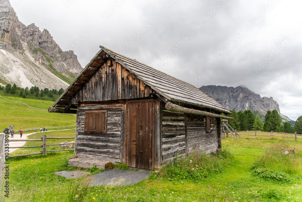A small wooden shepherd's hut in the Dolomites, Italy. A small wooden shepherd's hut in the Dolomites, Italy.