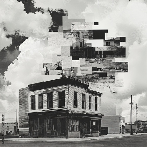  Contemporary Art Collage of Old-Style Building in Black and White photo