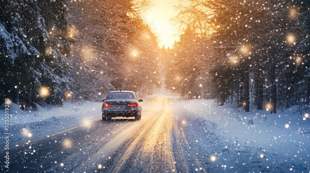 Obraz premium Scenic winter car trip on snow-covered road through majestic forests with snow-capped trees, capturing the tranquil beauty of a snowy winter landscape perfect for seasonal travel and adventure inspira