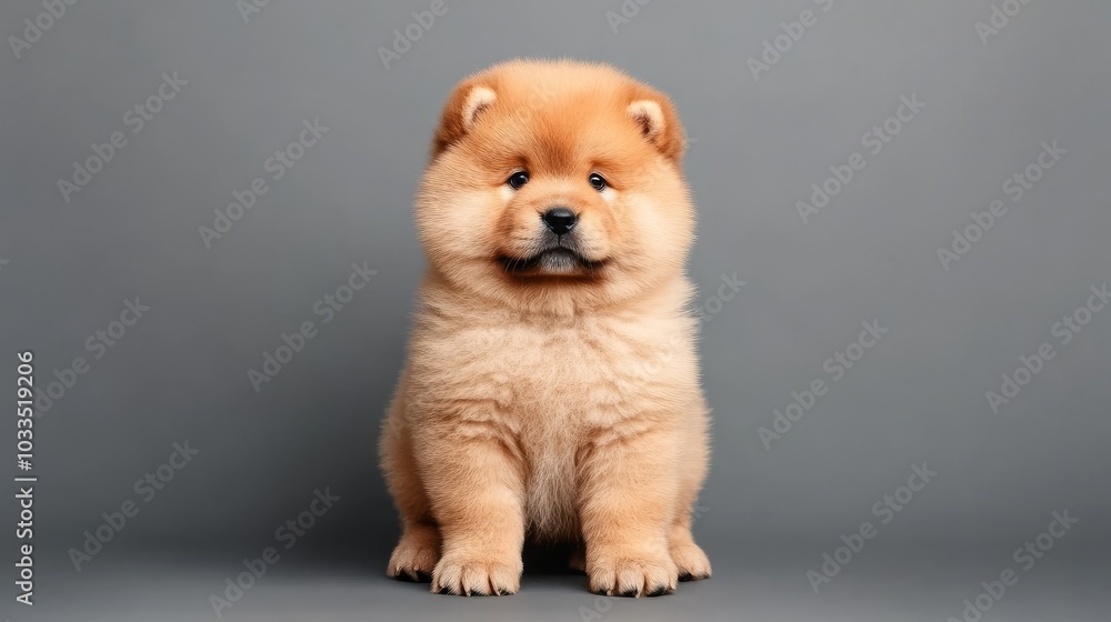 Adorable fluffy chow chow puppy sitting against a gray background, showcasing its playful personality and cute features. Adorable fluffy chow chow puppy sitting against a gray background, showcasing its playful personality and cute features.
