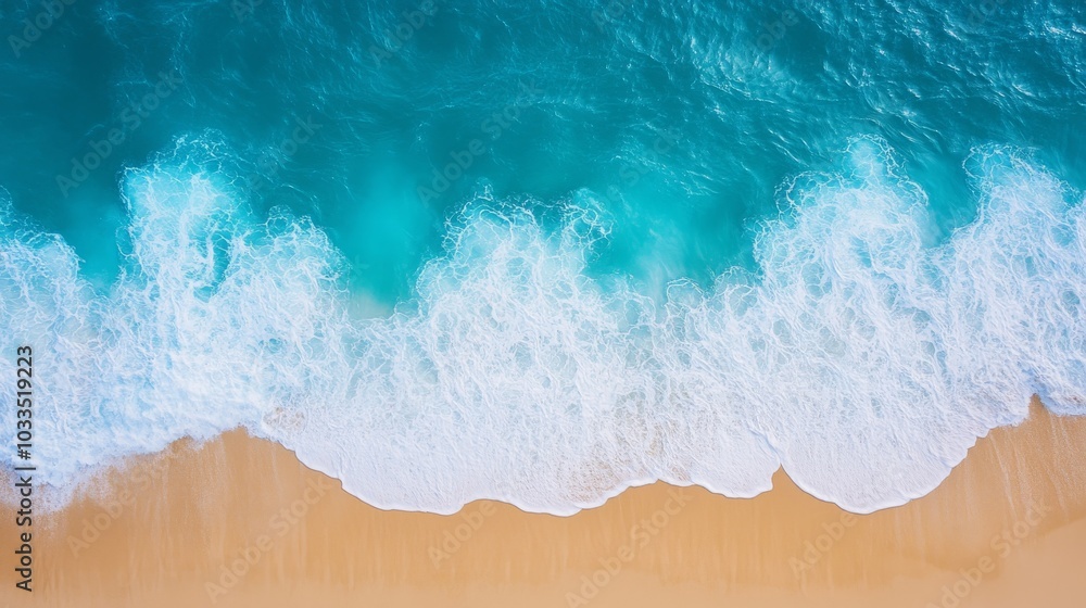 Aerial view of a pristine beach with turquoise waves gently caressing the sandy shore, evoking peace and tranquility. Aerial view of a pristine beach with turquoise waves gently caressing the sandy shore, evoking peace and tranquility.