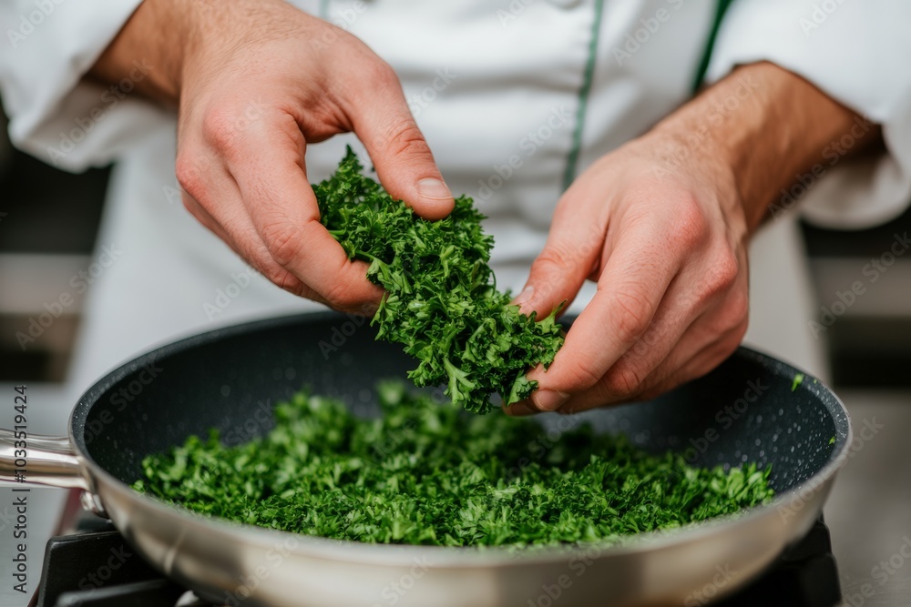 A chef displays a pan filled with fresh herbs, ready for a dish preparation. A chef displays a pan filled with fresh herbs, ready for a dish preparation.
