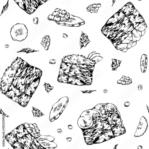 Traditional Japanese food, gunkan sushi with raw fish salmon tuna crab, nori wrap, caviar cucumber chuka hand drawn in vector pen, ink. Seamless pattern for restaurant cafe menu, kitchen, recipe book