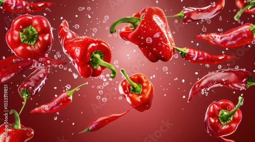 Fresh Red Peppers with Water Splash Background