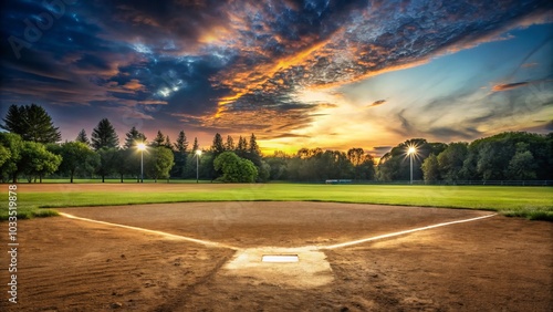 Captivating Candid Photography of a Baseball Field at Dusk, Light Fading to Dark, Evoking Nostalgia and the Spirit of the Game photo