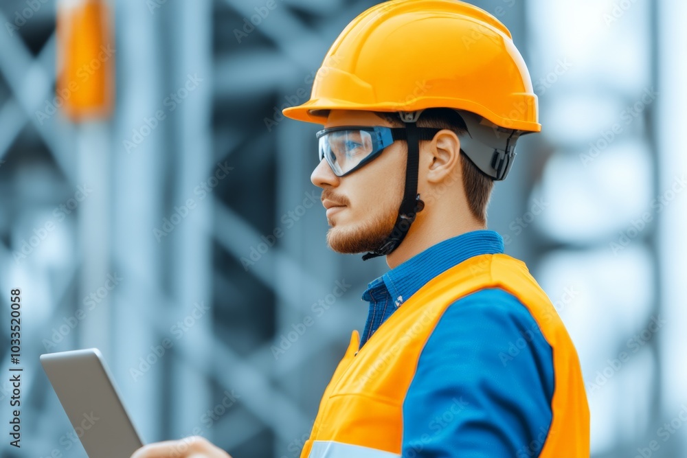 A construction worker in an orange helmet and vest holds a tablet, managing a project on-site. A construction worker in an orange helmet and vest holds a tablet, managing a project on-site.