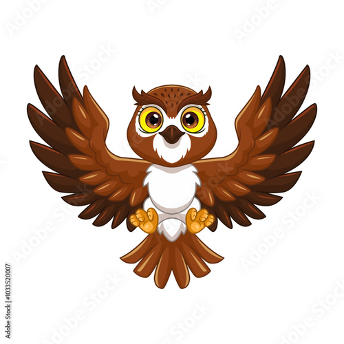 Cartoon owl bird flying on white background
