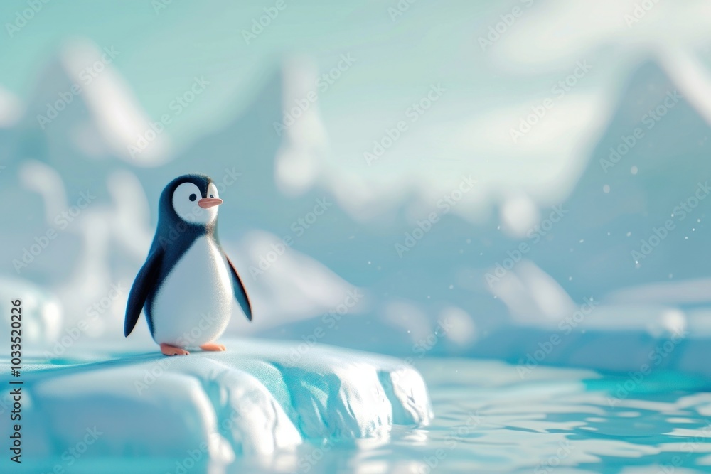 Fototapeta premium Cute penguin on an iceberg fantasy background outdoors cartoon nature.