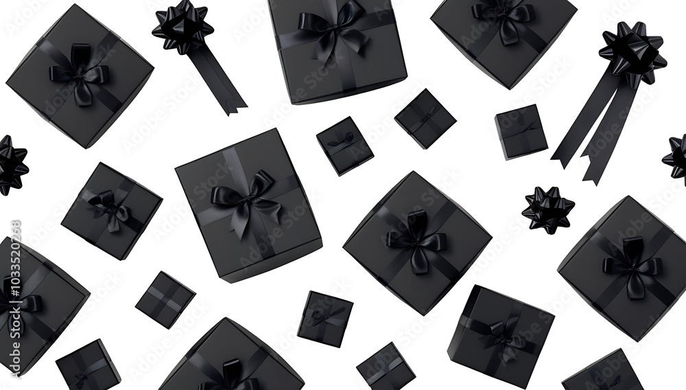 Black gift box wrapped with a stylish ribbon, available in different shapes and sizes. Perfect for any special occasion, isolated on a white background. Black gift box wrapped with a stylish ribbon, available in different shapes and sizes. Perfect for any special occasion, isolated on a white background.