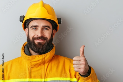 A construction worker in orange safety gear smiles and gives a thumbs up, symbolizing confidence and approval.