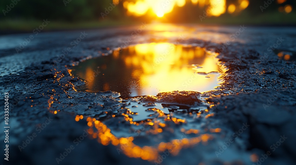A puddle of water reflects the setting sun on a dirt road. A puddle of water reflects the setting sun on a dirt road.