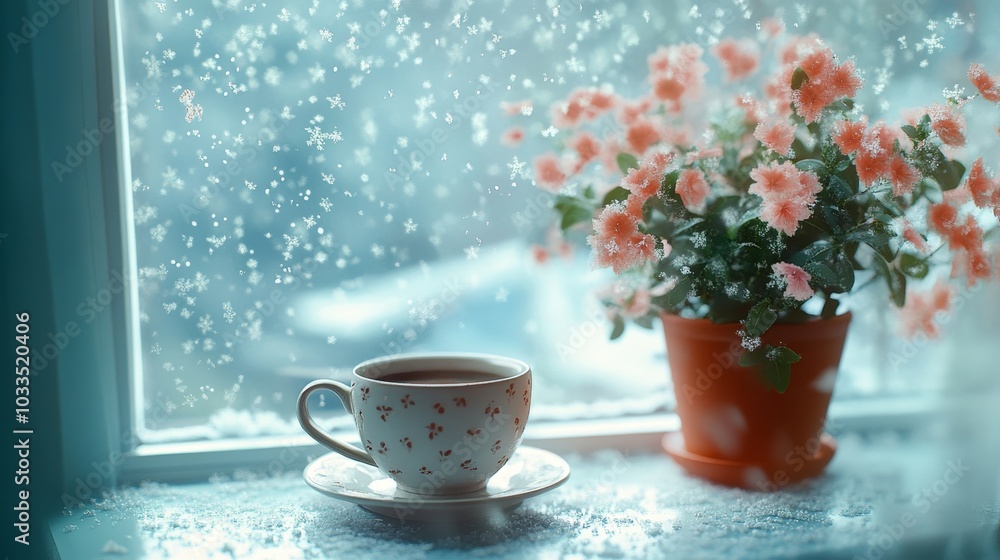 A cozy scene featuring a cup of tea by a rain-drenched window, complemented by a blooming plant A cozy scene featuring a cup of tea by a rain-drenched window, complemented by a blooming plant