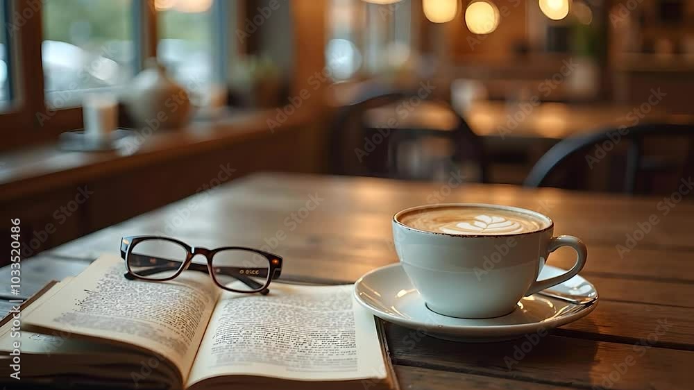 A Cup of Latte, Open Book, and Glasses on a Wooden Table in a Cozy Cafe A Cup of Latte, Open Book, and Glasses on a Wooden Table in a Cozy Cafe