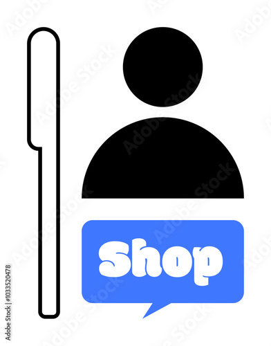 A simplistic design featuring a black human figure, a vertical rectangular shape, and a blue speech bubble with the word Shop. Ideal for retail, e-commerce, marketing, customer service, visual